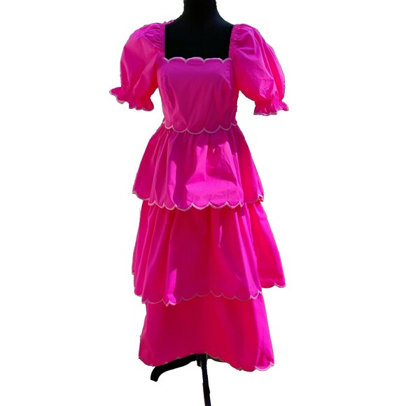 English Factory size S Pink Scalloped Ruffle Puff Sleeve Cotton Midi Dress NWT - Picture 1 of 12